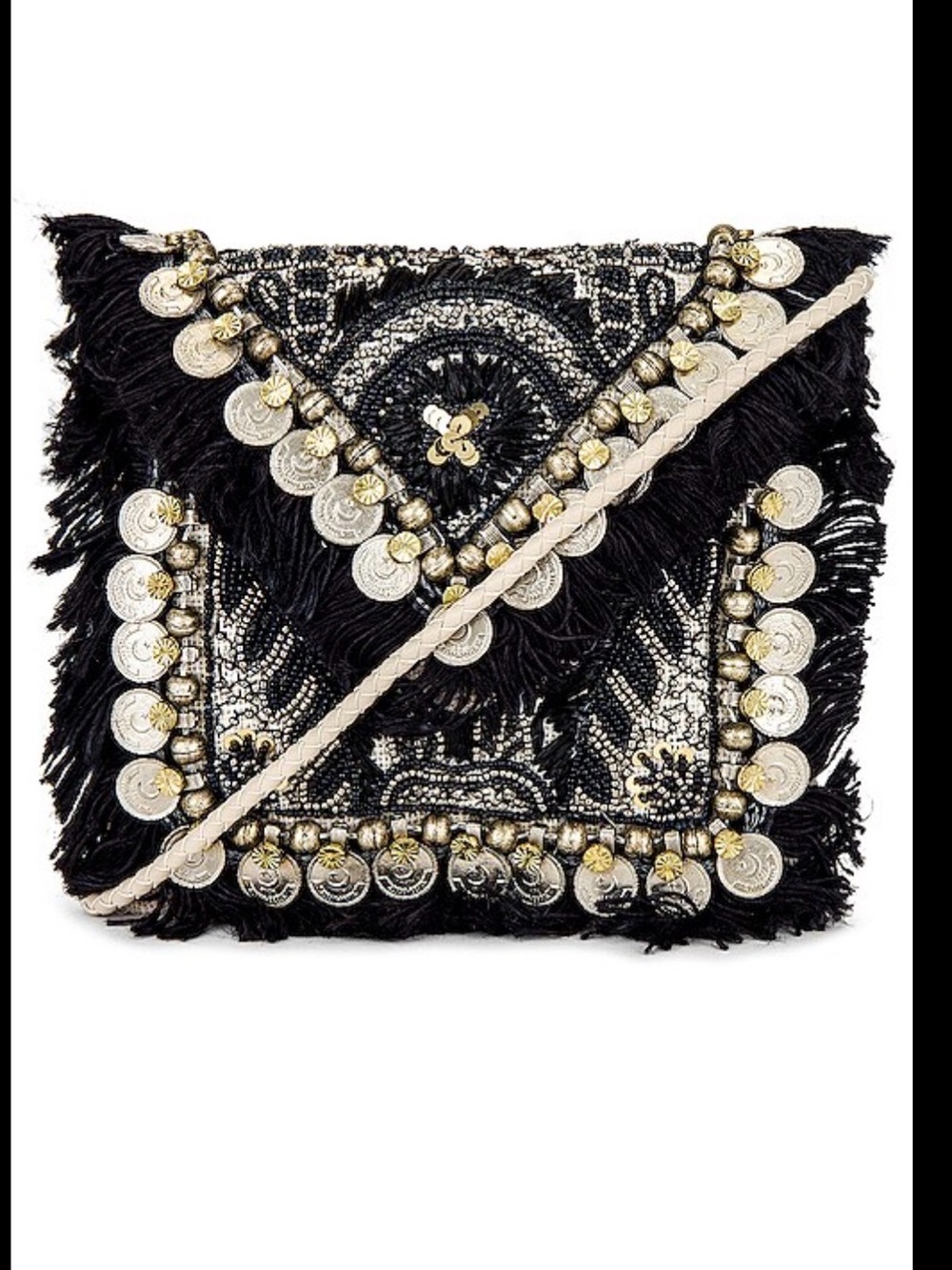 SHASHI Black Fringe Crossbody with Silver Coin Trim